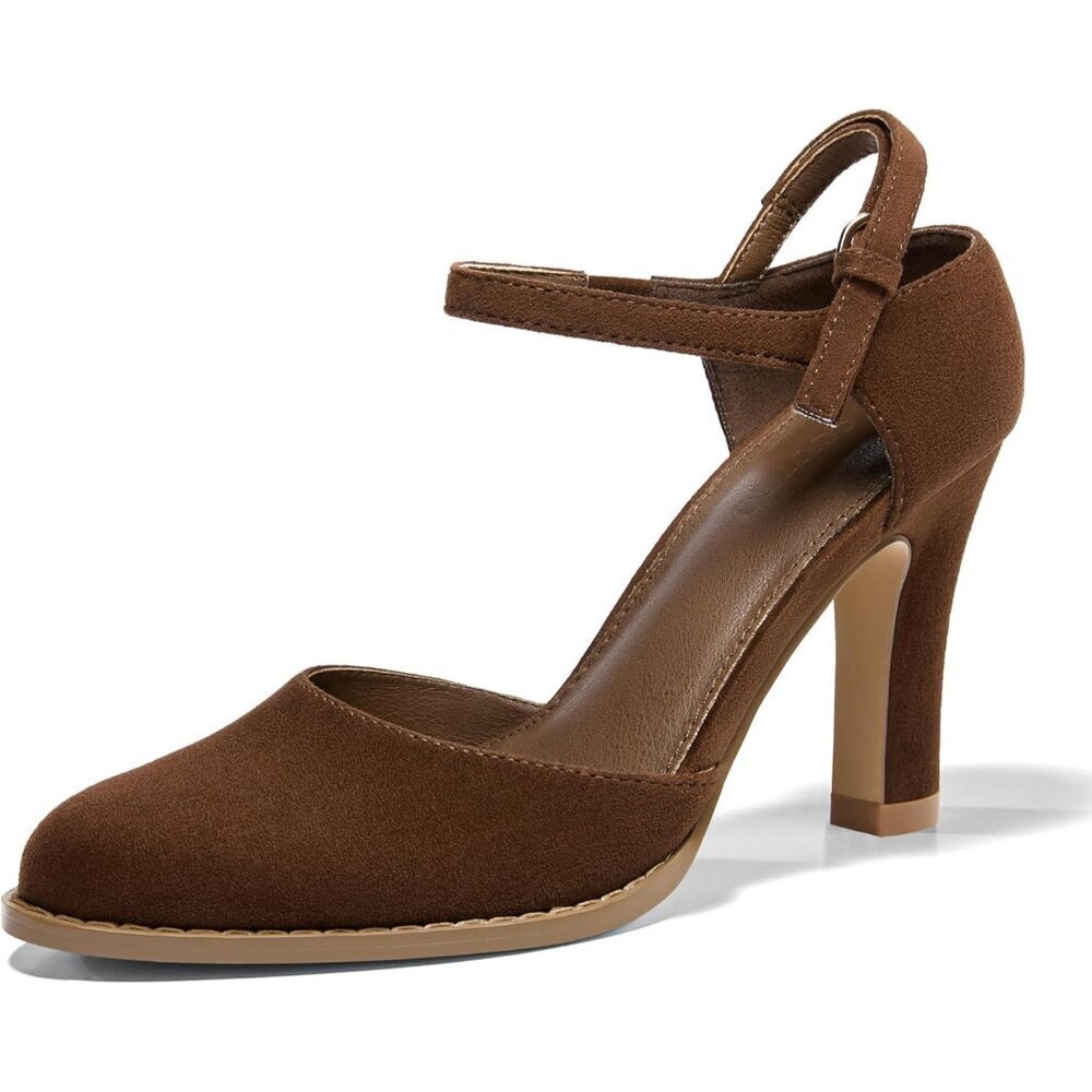 Women's Suede-brown Chunky High Heels Closed Pointed Toe Ankle Strap Pumps Shoes
